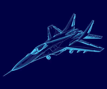 Blue jet is flying in the sky. The jet is a fighter jet and is in the air Stock Illustration