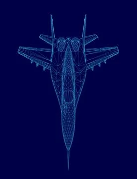 Blue jet is shown in a blue background. The jet is a fighter jet and is shown in Stock Illustration