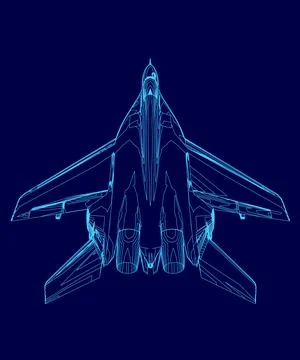 Blue jet is shown in a blue background. The jet is a fighter jet and is in the Stock Illustration