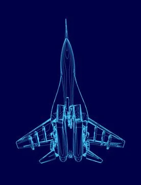 Blue jet is shown in a blue background. The jet is a fighter jet and is shown in Stock Illustration