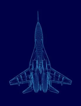 Blue jet is shown in a blue background. The jet is a fighter jet and is shown in Stock Illustration