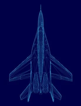Blue jet is shown in a computer generated image. The jet is a fighter jet and is Illustrazione stock