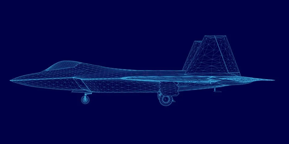 Blue jet is shown in a computerized image. The jet is a fighter jet and is shown 库存插图