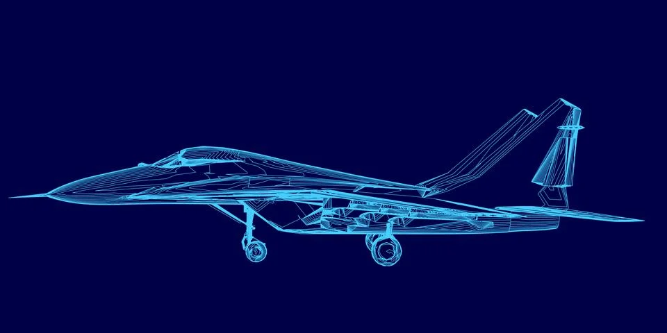 Blue jet is shown in a computerized image. The jet is a fighter jet and is shown イラスト素材