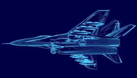 Blue jet is shown in a computerized image. The jet is in the middle of the image Stock Illustration