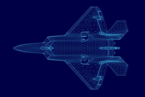 Blue jet is shown in a wireframe image. The jet is a fighter jet and is shown in Stock Illustration
