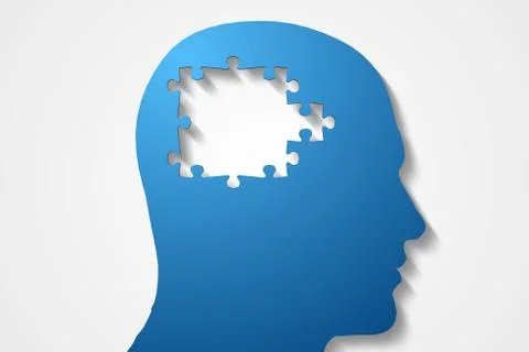 Blue jigsaw head with missing pieces Stock Illustration