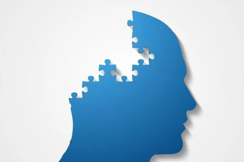 Blue jigsaw head with missing pieces Stock Illustration
