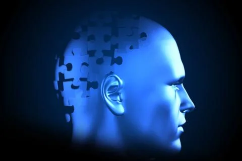 Blue jigsaw head with missing pieces Illustrazione stock