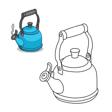 A blue kettle with a black handle. kitchen utensil object coloring page for educ Illustration