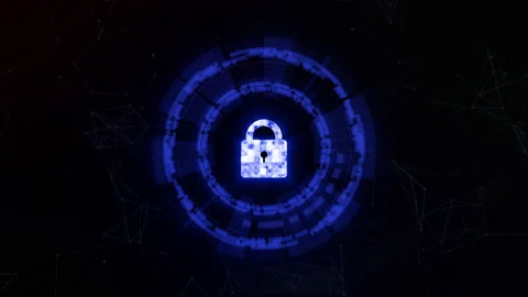 Blue key and circle security and firewall motion graphic on dark background, Stock Footage 130635070