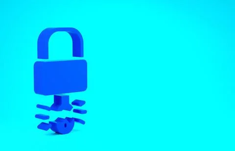 Blue Key broke inside of padlock icon isolated on blue background. Padlock si 스톡 일러스트