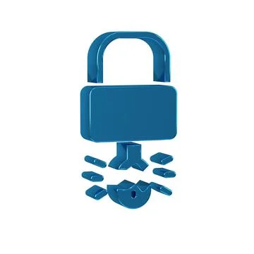 Blue Key broke inside of padlock icon isolated on transparent background. P.. 스톡 일러스트