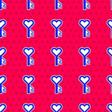 Blue Key in heart shape icon isolated seamless pattern on red background. Happy 스톡 일러스트