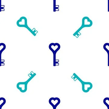 Blue Key in heart shape icon isolated seamless pattern on white background... Stock Illustration
