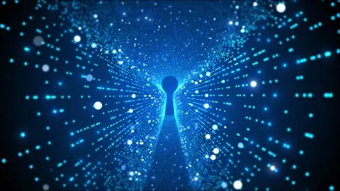 Blue key hole data security background glowing particle tunnel, digital access p Stock Footage 340412002