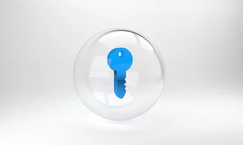 Blue Key icon isolated on grey background. Glass circle button. 3D render ill Stock Illustration