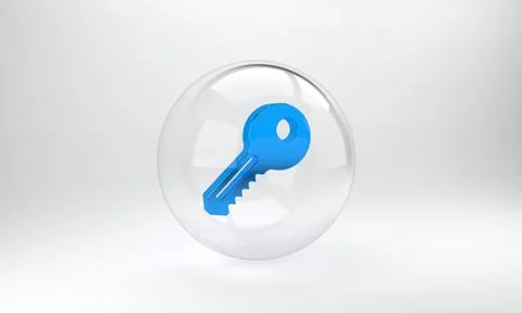 Blue Key icon isolated on grey background. Glass circle button. 3D render ill Stock Illustration