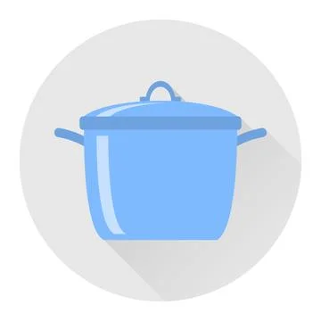 Blue kitchen cooking pot icon inside grey circle button flat vector Stock Illustration