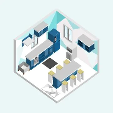 Blue Kitchen Isometric Home Interior Illustration Design Stock Illustration