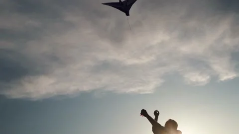 Blue kite soars in the sunset sky. Stock Footage 153415132