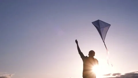 Blue kite soars in the sunset sky. Stock Footage 153415443