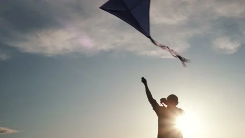 Blue kite soars in the sunset sky. Stock Footage 153415492