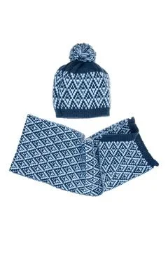 Blue Knitted Winter Hat and Scarf Set with Pom-Pom, Isolated on White Backg.. Stock Photos