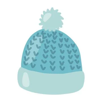 Blue knitted winter hat with pompom, flat vector Stockillustratie