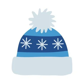 Blue knitted winter hat with pompom and snowflakes, flat vector Stockillustratie