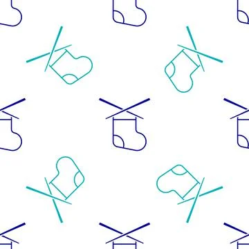 Blue Knitting needles icon isolated seamless pattern on white background. Label Illustrazione stock
