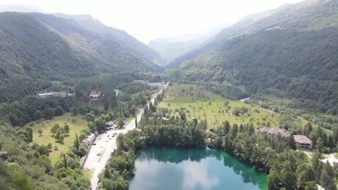 Blue Lake Cherek Gorge Drone Descending 4K Stock Footage 336949494