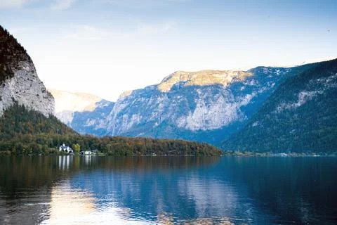Blue lake in the mountains. Mountain European lake. Austria, Alps. Hallstatt. Stock Photos
