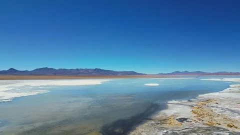Blue lake under clear blue sky in the Bolivian highlands Stock Footage 285355144