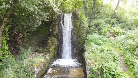 Blue Lakes Waterfall Drain Drone Fly Forward 4K Stock Footage 336949490