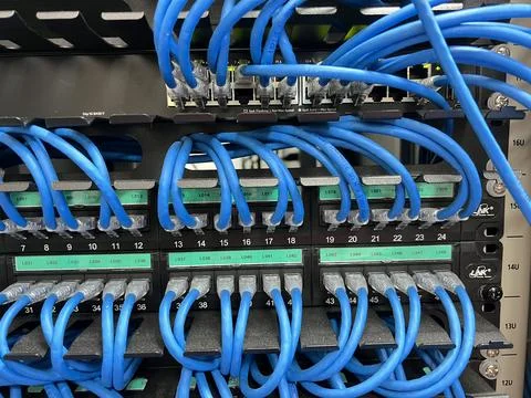 The blue lan cable jack is connected to the port in the Stock Photos