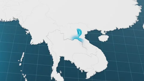 Blue Laos 3d map with pointer pin surrounded with other countries in white Stock Footage 318829423
