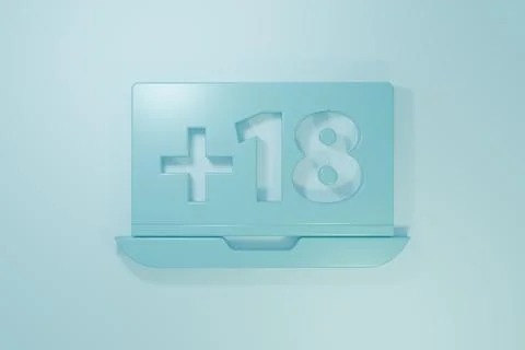 Blue Laptop with 18 plus content icon isolated on blue background. Age rest.. Stock Illustration