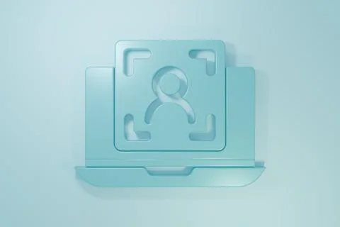 Blue Laptop with face recognition icon isolated on blue background. Face id.. Stock Illustration