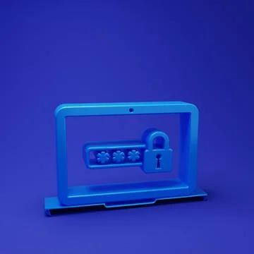 Blue Laptop with password notification and lock icon isolated on blue backg.. Illustrazione stock