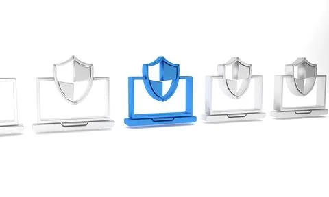Blue Laptop protected with shield icon isolated on white background. PC sec.. Stock Illustration