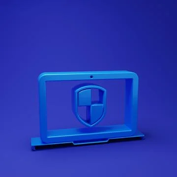Blue Laptop protected with shield icon isolated on blue background. PC secu.. Stock Illustration