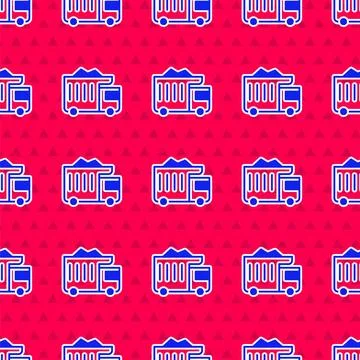 Blue Large industrial mining dump truck icon isolated seamless pattern on red Stock Illustration