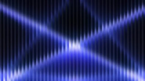 Blue laser lights forming a triangle peak from bottom on textured glass Stock Footage 328034124