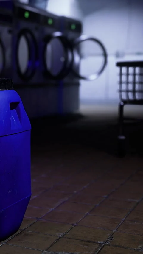Blue laundry detergent container on the floor of a laundromat at night Stock Footage 342448781