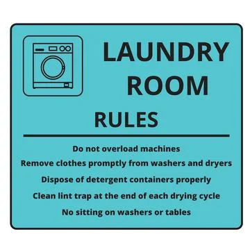 Blue laundry room rules banner with text and the draw of a washing machine icon Stock Illustration