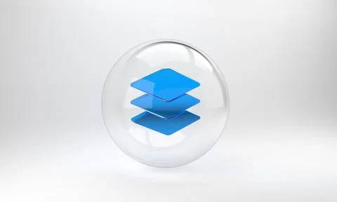 Blue Layers icon isolated on grey background. Glass circle button. 3D render  Stock Illustration