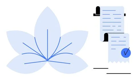 Blue leaf with line patterns beside blue scrolls and checkmark, representing  イラスト素材
