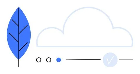 Blue leaf next to cloud outline with circles, dot, lines, and checkmark. Idea Stock Illustration