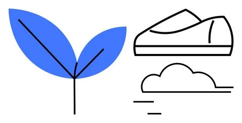 Blue leaf, outlined running shoe, and cloud. Ideal for sustainability, health Stock Illustration